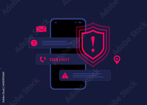 Mobile Fraud Alert, Phone scam, Online Warning. Spam Distribution or Malware Spreading Virus - mobile fraud alert warning notification. Vector isolated illustration on dark background with icons