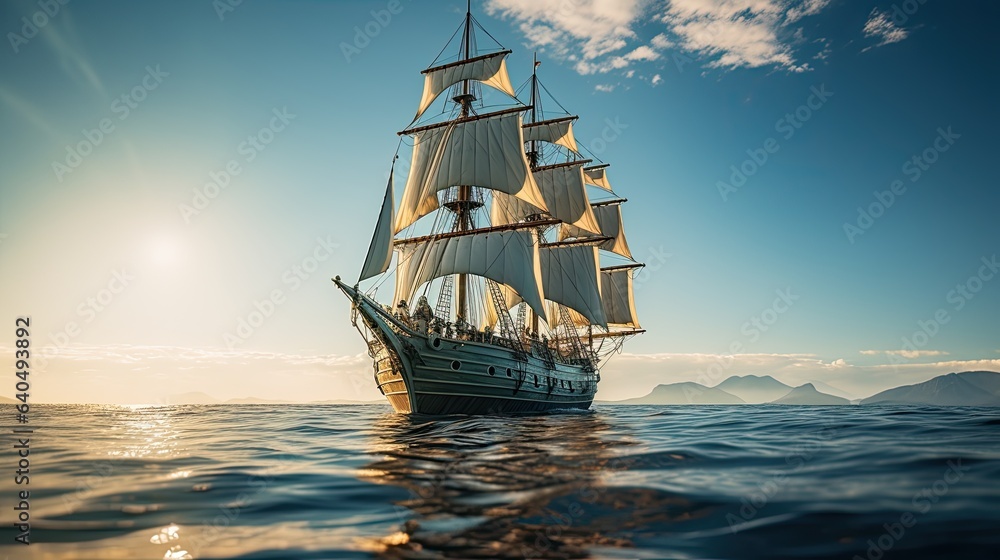 Obraz premium Portrait Phinisi ship sailing on the sea AI Generative