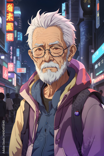 An Old Man elementary school student in a sci-fi and futuristic world of the city, Japanese anime style colorful 2d. Generative AI