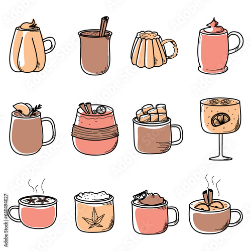 Set of autumn with hot drinks, Fall decorative objects. Warm hygge aesthetics. Flat cartoon doodle hand-drawn style