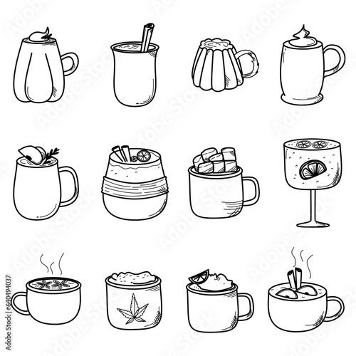 Set of autumn with hot drinks, Fall decorative objects. Warm hygge aesthetics. Flat cartoon doodle hand-drawn style