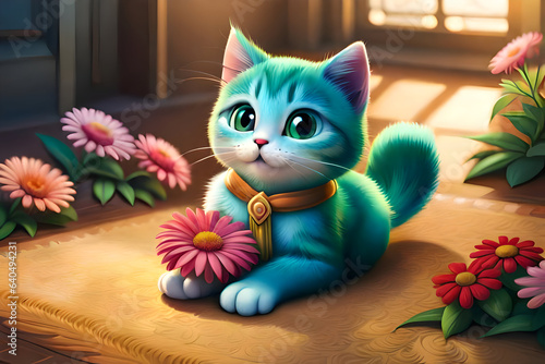 Cat with flowers, 3d cat artwork, cute cat with flowers, 3d cat digital artwork, blue cat, flowers and kitty