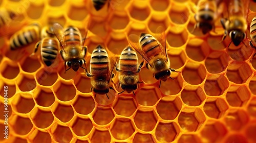 Close up view of the working bees on honeycells. Honeycomb with bees. 