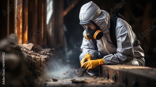 A man in protective equipment disinfects with a sprayer in the old abandon house 