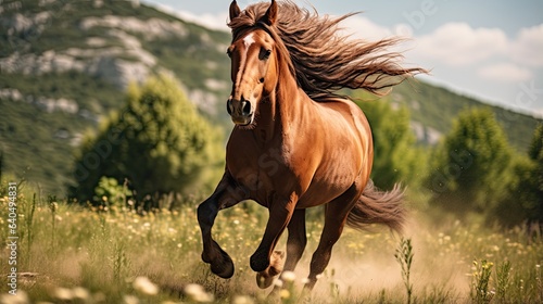 Portrait horse running in the meadow AI Generative