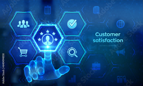Customer satisfaction. Customer survey and feedback analytics. Using AI and automation technology in marketing for customer service. Wireframe hand touching digital interface. Vector illustration.