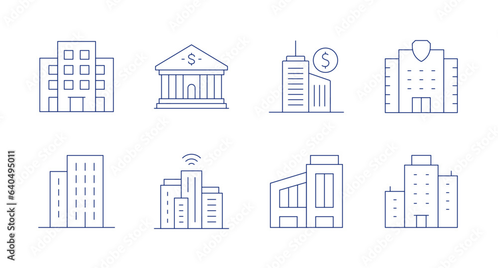 Building icons. Editable stroke. Containing apartment, bank, business center, migration, building, smart city, company, office.