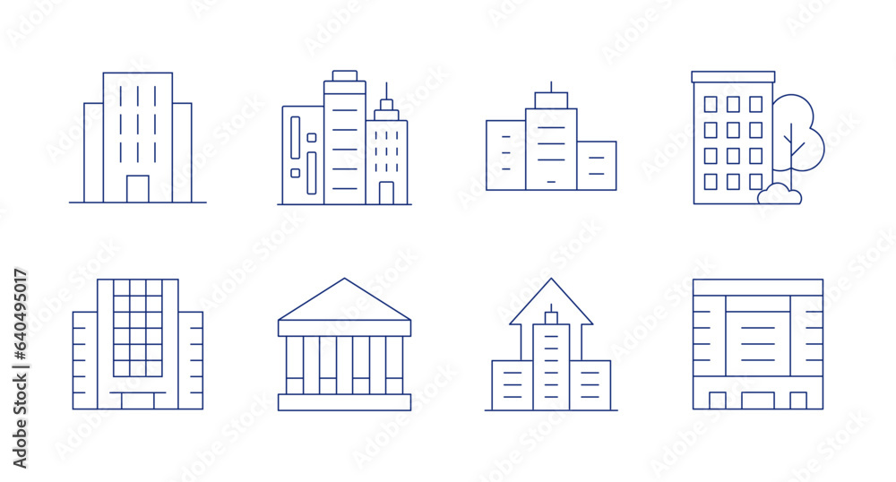 Building icons. Editable stroke. Containing apartment, buildings, city building, building, college, company.