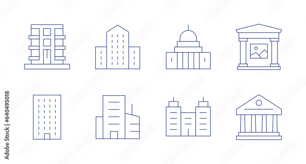 Building icons. Editable stroke. Containing apartment, building, capitol, museum, company, politics.