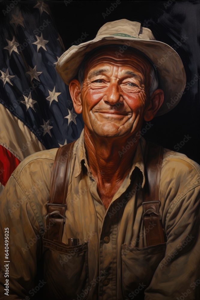 illustration of a man worker, american flag behind in the american classic style