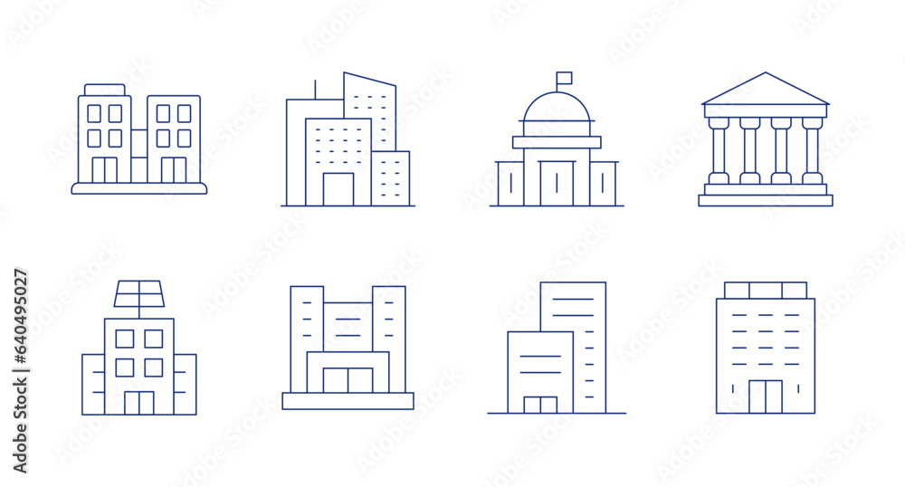 Building icons. Editable stroke. Containing apartment, buildings, city hall, museum, building, company, polling place.