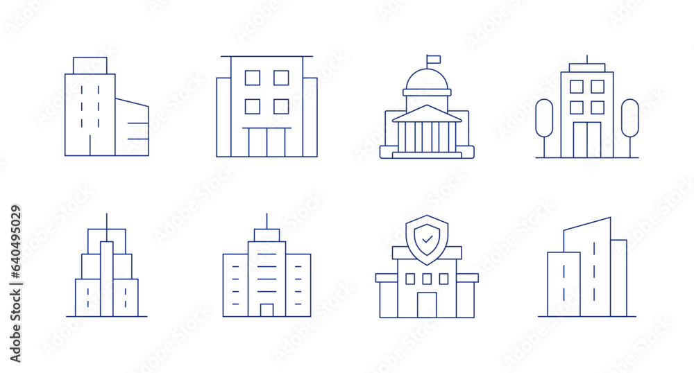 Building icons. Editable stroke. Containing building, condominium, government, headquarter, insurance.