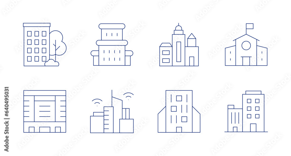 Building icons. Editable stroke. Containing apartment, architecture, buildings, middle school, building, smart city, company, office building.