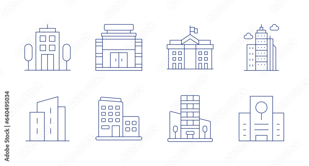 Building icons. Editable stroke. Containing building, department, government, skyline, office building, mall, research center.