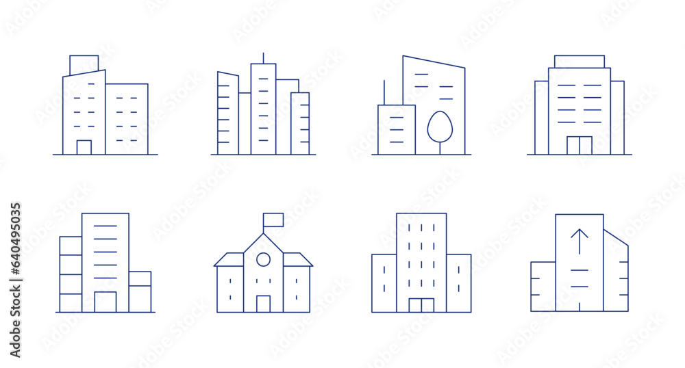 Building icons. Editable stroke. Containing apartment, buildings, city, office, building, school, condo, real estate.
