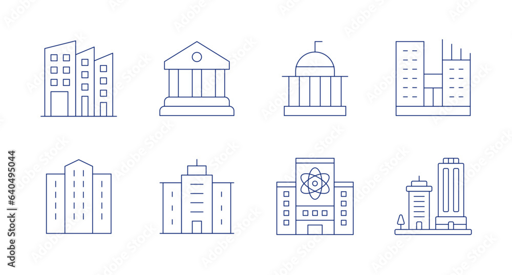 Building icons. Editable stroke. Containing building, courthouse, government, building trade, headquarters, laboratory.