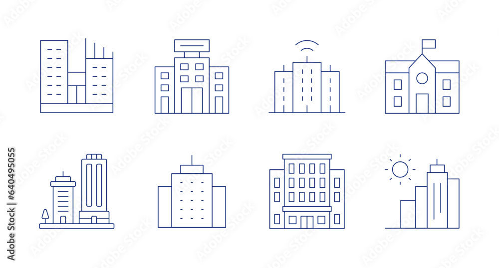 Building icons. Editable stroke. Containing building, smart city, school, buildings, hotel, sun.