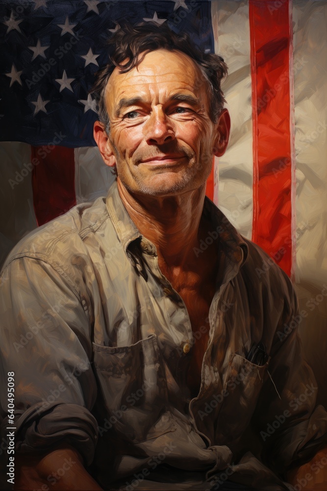 illustration of a man worker, american flag behind in the american classic style illustration of a man worker, american flag behind in the american classic style
