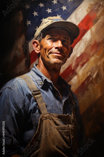 illustration of a man worker, american flag behind in the american classic style