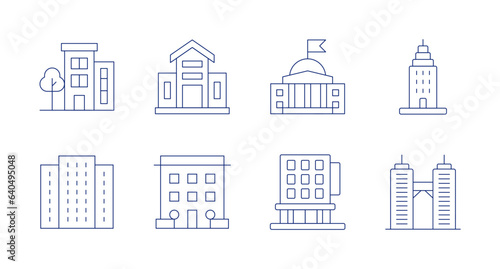 Building icons. Editable stroke. Containing building, embassy, skyscraper, buildings, hotel, twin towers.