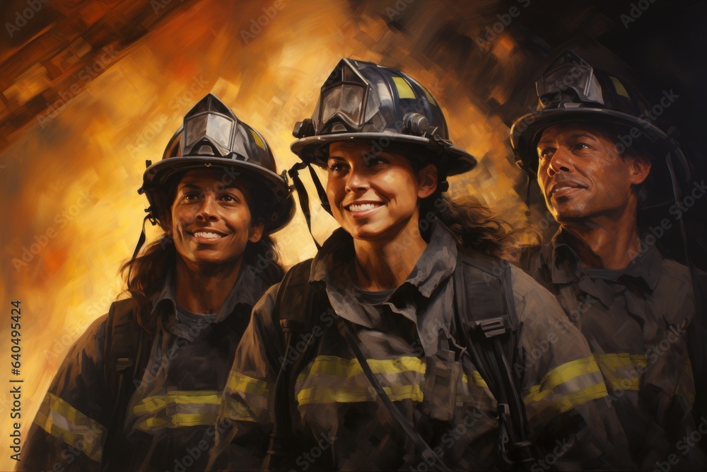 illustration of a firefighters, american flag behind in the american classic style illustration of a firefighters, american flag behind in the american classic style