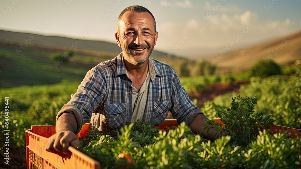Fototapeta premium Portrait farmer picking vegetables AI Generative
