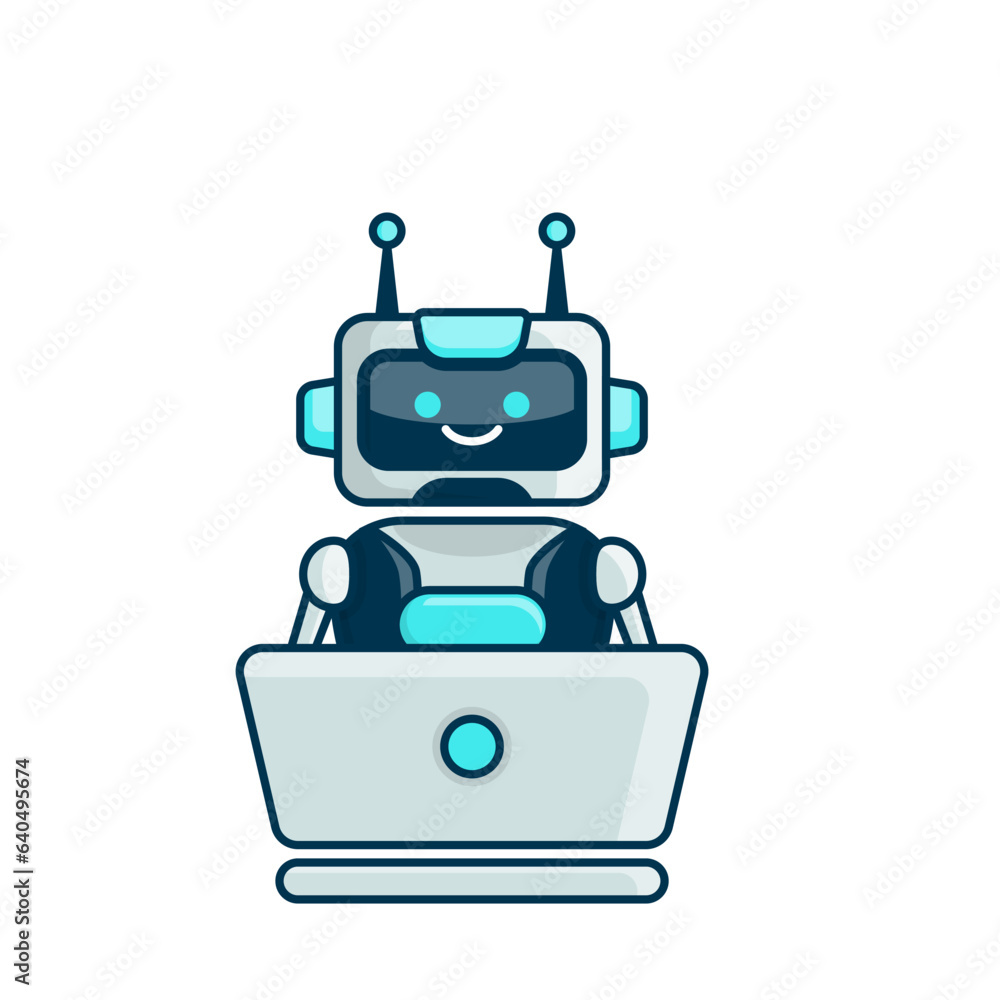 Robot character work with laptop vector illustration. Cute Cartoon Robot Illustration Robot character work with laptop vector illustration. Cute Cartoon Robot Illustration