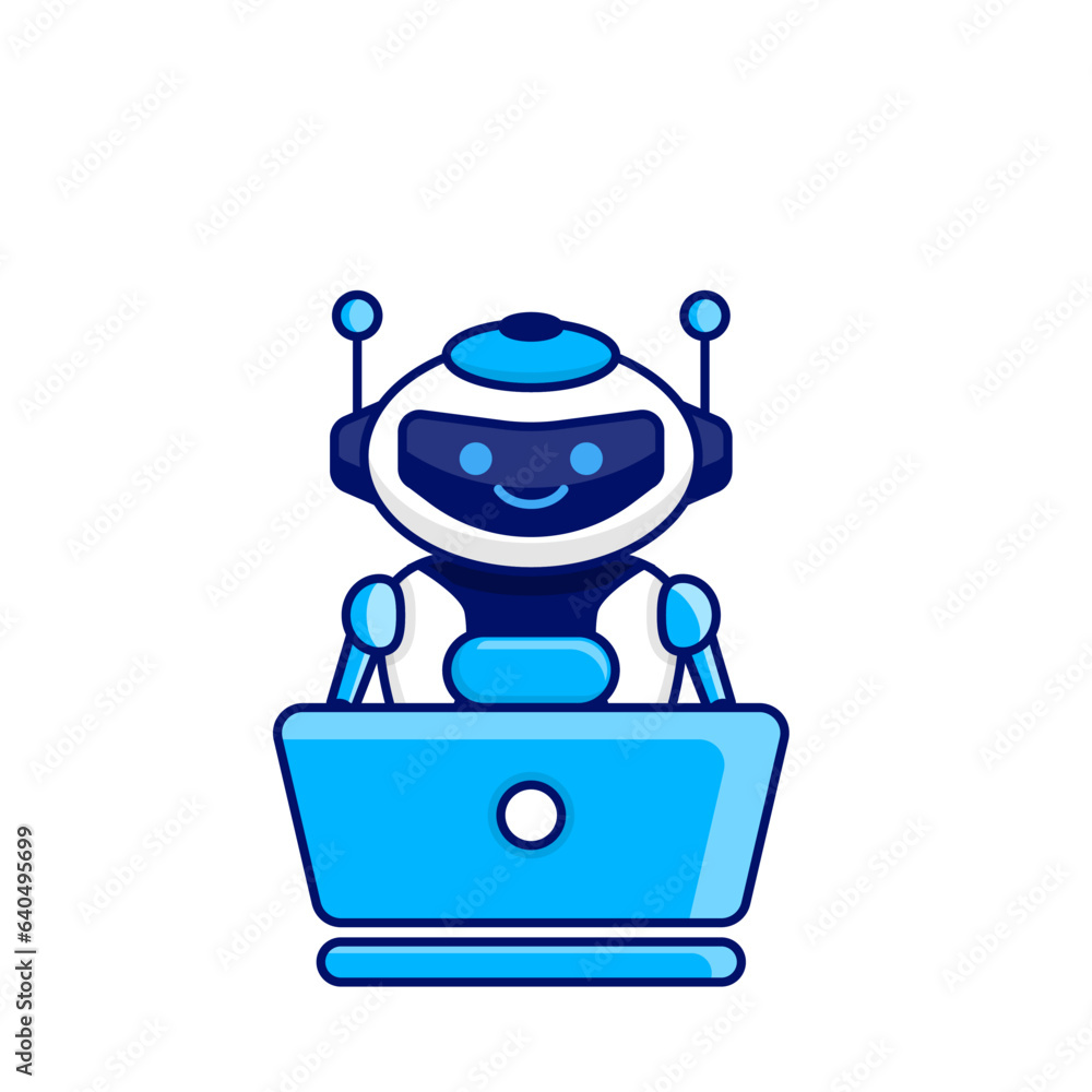 Robot character work with laptop vector illustration. Cute Cartoon Robot Illustration Robot character work with laptop vector illustration. Cute Cartoon Robot Illustration