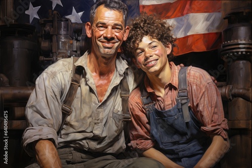 illustration of a father and son, american flag behind in the american classic style