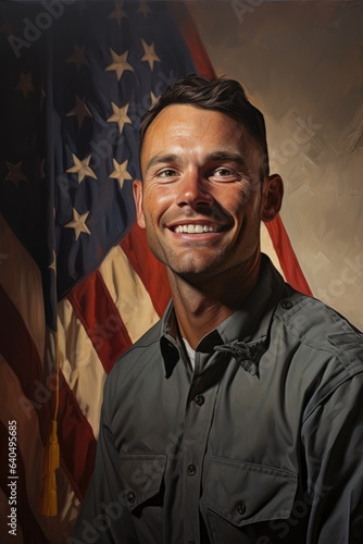 illustration of a police officer, american flag behind in the american classic style