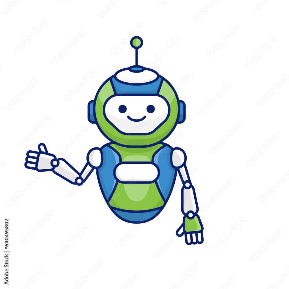 Robot presenting or welcoming gesture vector illustration. Cute robot cartoon illustration design Robot presenting or welcoming gesture vector illustration. Cute robot cartoon illustration design