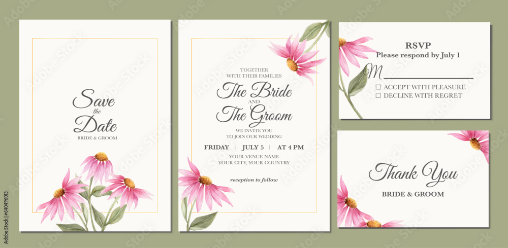 Manual painted of pink coneflower watercolor as wedding invitation 
