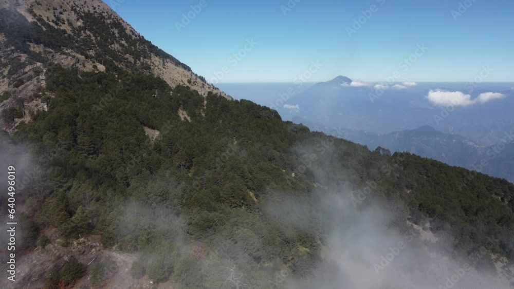 Aerial flight through cloud on slope of Tajumulco Volcano mountain Aerial flight through cloud on slope of Tajumulco Volcano mountain