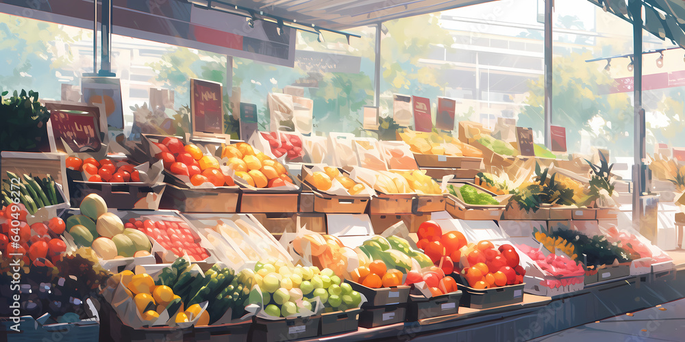 TRPGやゲームの背景として使える野菜や果物の市場 - obrazy, fototapety, plakaty 