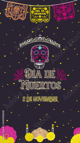 Invitation Card to celebrate and remember the Day of the Dead. To honor the deceased with traditional Mexican cultural decorations.