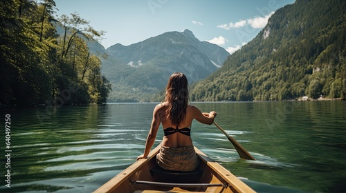 Portrait young woman canoeing in the lake AI Generative © Tebha Workspace