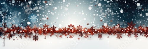 An abstract Christmas background image, depicting a serene snowy night with delicate snowflakes in red and white gracefully falling from the sky. Photorealistic illustration, Generative AI