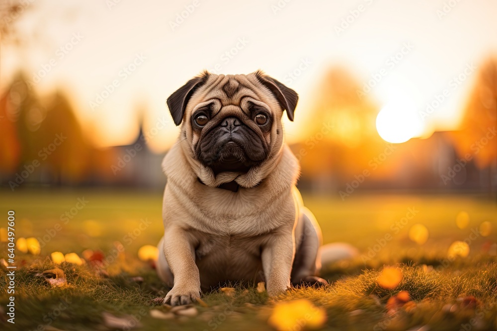 Portrait cute pug on the meadow with light exposure AI Generative Portrait cute pug on the meadow with light exposure AI Generative