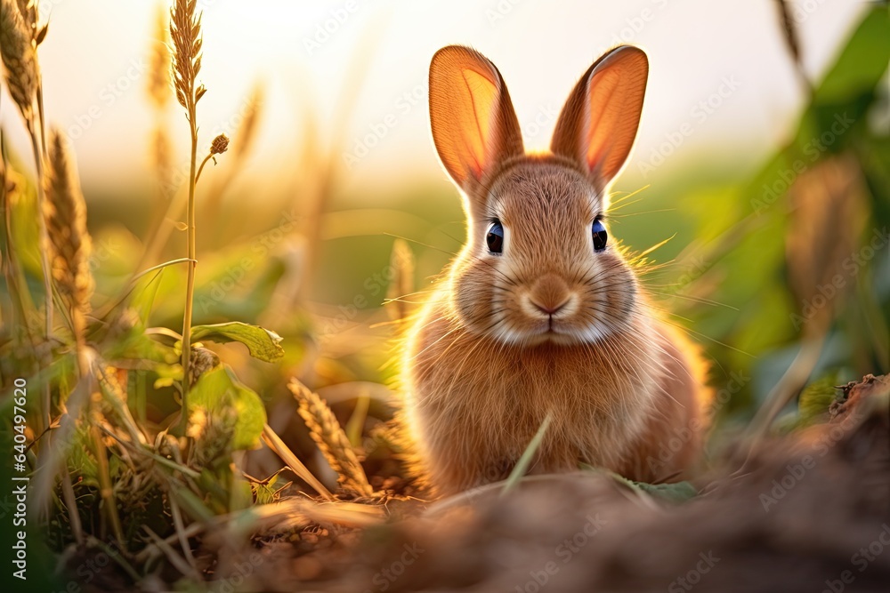 Fototapeta premium Portrait rabbit on the meadow with light exposure AI Generative