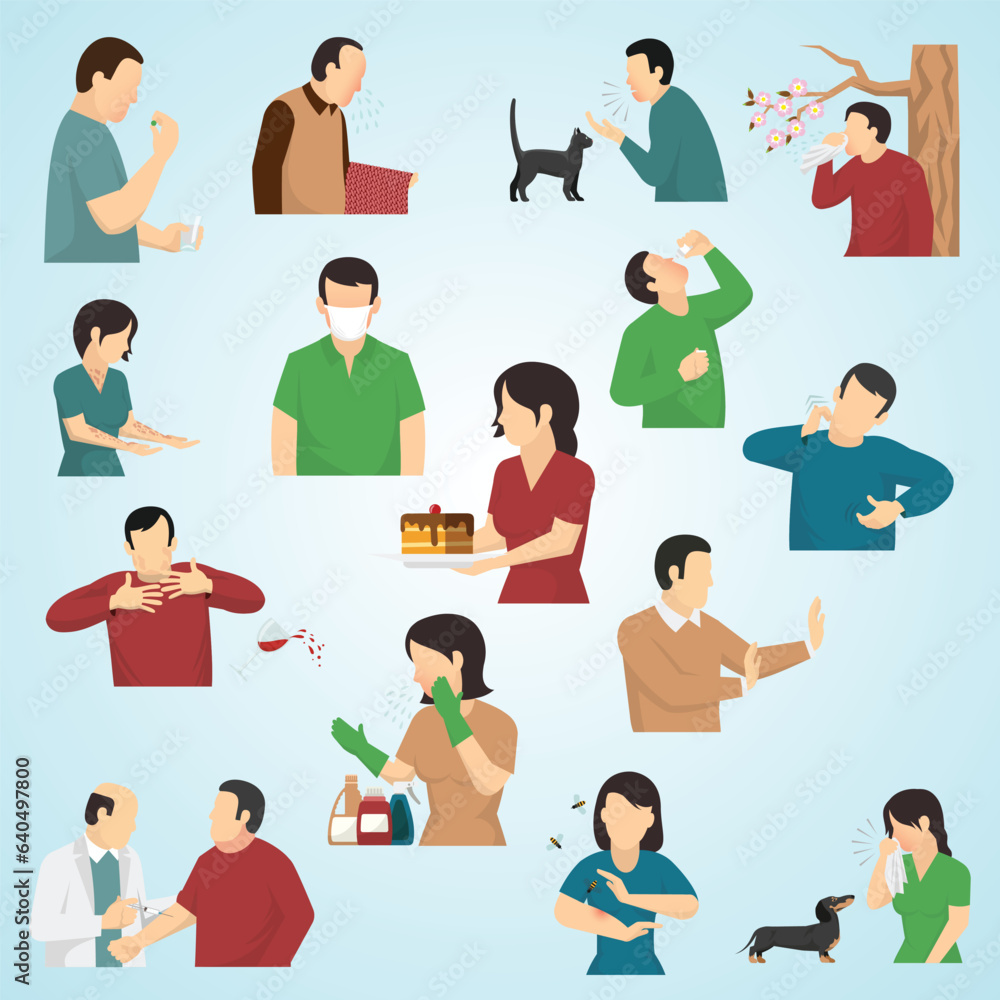 allergy symptoms causes flat icons set allergy symptoms causes flat icons set
