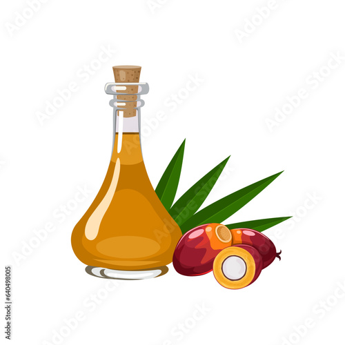 Vector illustration, palm oil in a glass bottle, with palm kernels and leaves, isolated on a white background.