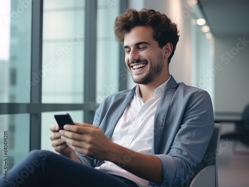  joyful relaxed smiling young man using phone smartphone