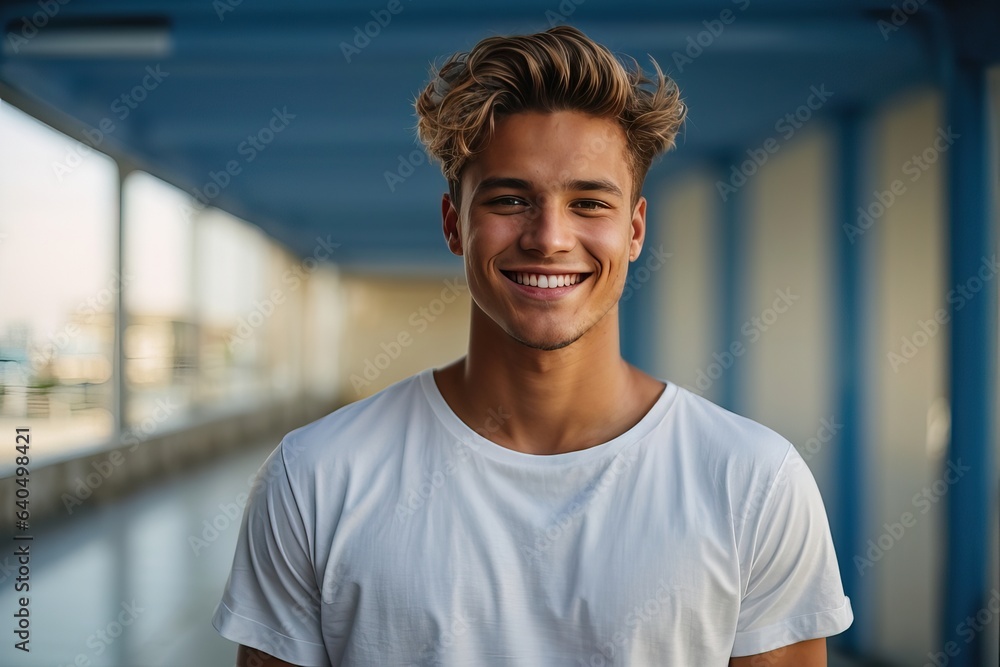 Young man wearing a white t-shirt against a blue background looks confident with a smile on his face Young man wearing a white t-shirt against a blue background looks confident with a smile on his face