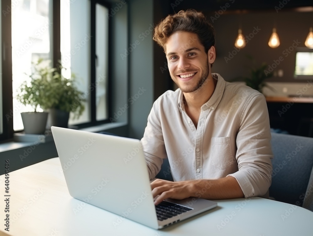 joyful relaxed smiling young man using laptop joyful relaxed smiling young man using laptop