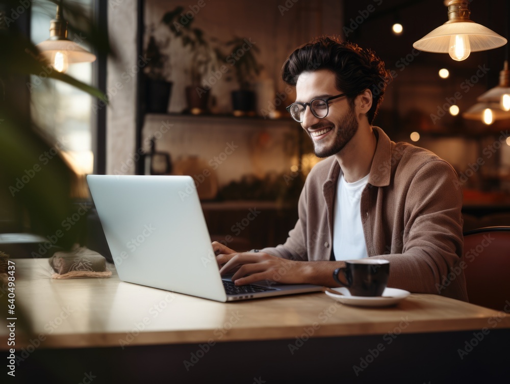 joyful relaxed smiling young man using laptop joyful relaxed smiling young man using laptop