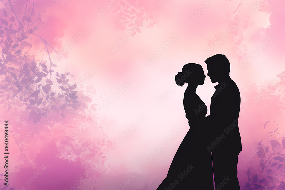 silhouette bride and groom on pastel background, 