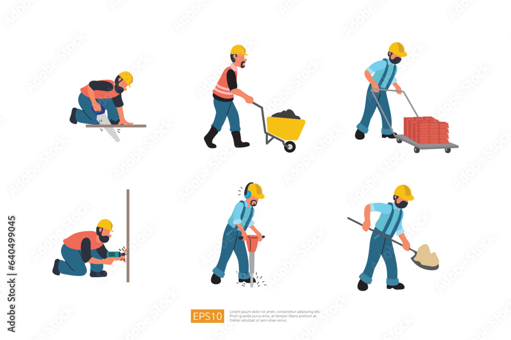 Naklejka premium Construction Builder Character Set. Builder with Shovel, Worker with Wheelbarrow Carrying Sand, Hand Drill Work, Wheelbarrow Carrying Brick, Working With Jackhammer. Vector Illustration Construction