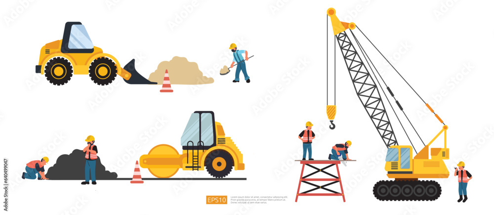 Construction site. bulldozer, lifter crane vehicle, road roller. heavy equipment and Builder or worker set. Vector illustration in flat tyle. Construction site. bulldozer, lifter crane vehicle, road roller. heavy equipment and Builder or worker set. Vector illustration in flat tyle.