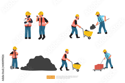 Construction Builder Character Set. supervisor Checking Plan and Looking at Site, worker with Shovel and Wheelbarrow Carrying Coal or Asphalt and Brick. Road Work Vector Illustration Worker