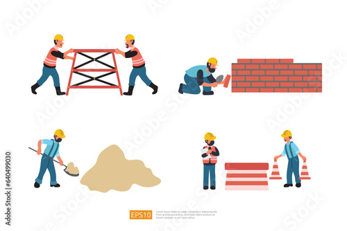 Construction Builder Character Set. Carry and Move Scaffold Stair, digging sand Material, installs fencing warning cones on road, Building a Brick Wall. Vector Illustration of Construction Worker